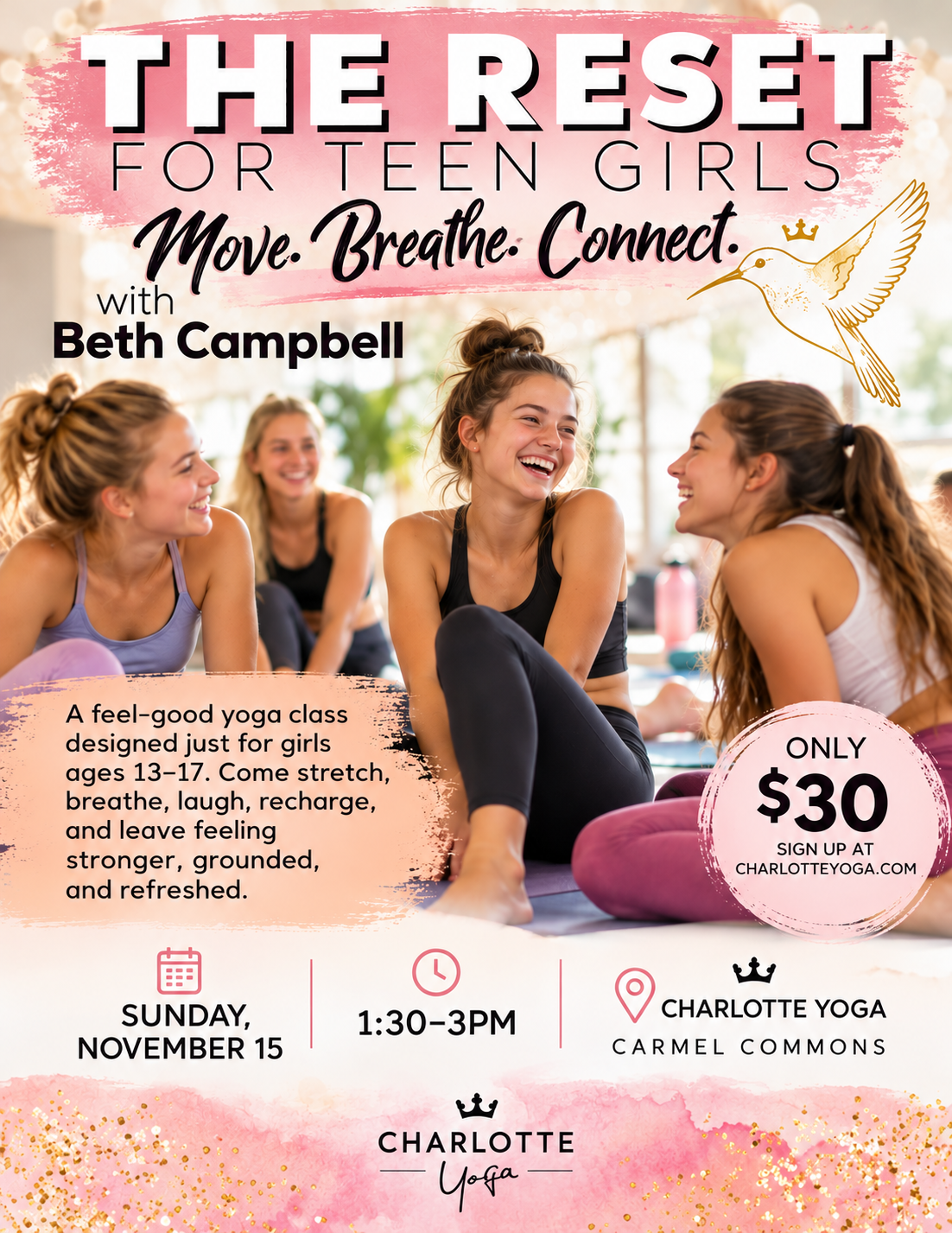 four teenage girls sit close together on yoga mats while they smile and laugh in conversation